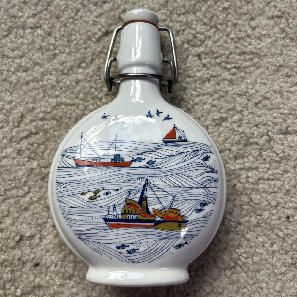 VTG Germany Porcelain Flask Bottle Cap Nautical Coastal Blue Boat Altenkunstadt